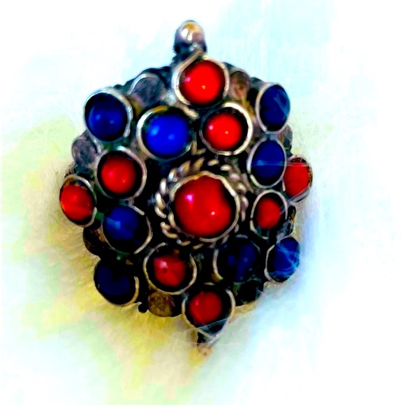 Himalayan Lapis and Coral Sterling Silver Vintage Ring Sz 6.5 - Picture 5 of 8